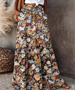 Falda larga de cintura alta con estampado floral para mujer