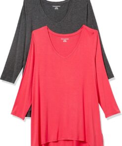 Amazon Essentials Camiseta de Manga 3/4 con Cuello en Pico (Disponible en Tallas Grandes) Mujer, Pack de 2