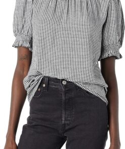 Amazon Essentials Mujer Camisa en Sarga Fluida con Manga Corta Abullonada y Detalle Fruncido