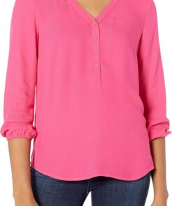 Amazon Essentials Camisa con Botones y Manga 3/4, Blusa de Corte Holgado con Cuello en V Mujer