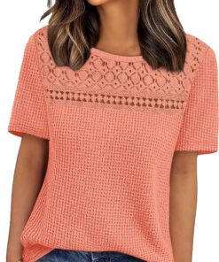 Camisas de manga corta para mujer, estilo bohemio, de ganchillo, encaje, punto gofre, talla grande, ropa de moda