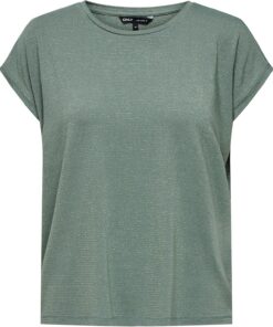 Solo Camiseta de Moda para Mujer con Costura Brillante a Rayas Cuello Redondo Manga Corta