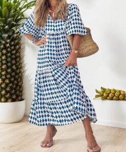 Vestidos bohemios de verano para mujer, cuello en V, manga abombada, floral, fluido, casual, largo