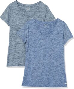 Amazon Essentials Camiseta Elástica de Secado Rápido, Manga Corta y Cuello en V (Hay Tallas Grandes) Mujer, Paquete de 2