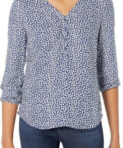 Amazon Essentials Camisa con Botones y Manga 3/4, Blusa de Corte Holgado con Cuello en V Mujer